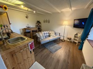 a kitchen and living room with a couch and a tv at Valley View Apartment in Kambreško