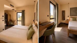 two pictures of a bedroom with a bed and a desk at D&C Hotel Sulingen in Sulingen