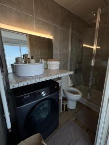 a bathroom with a washing machine and a toilet at Chez Lima in Lorient +5 photos