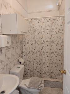 a bathroom with a white toilet and a sink at La Otra Vista in Valparaíso +41 photos