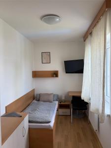 a bedroom with a bed and a desk and a tv at Penzion U Tomáše in Ratíškovice