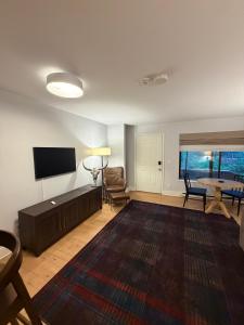 a living room with a flat screen tv and a couch at Telluride Creekside Condo 3 Min to Chair 7 in Telluride