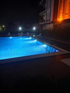 a swimming pool at night with a pair of glasses next to it at Daire 1 in Gazipasa