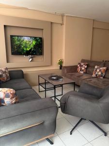 a living room with couches and a flat screen tv at Pendik ar Marmaray Pet Friendly in Istanbul