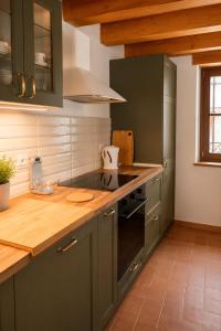 a kitchen with green cabinets and a stove top oven at Casa Il Borgo 1 in Tavernelle