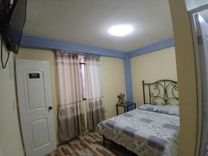 a bedroom with a bed and a blue ceiling at Hospedaje Vicente in Lunahuaná +20 photos