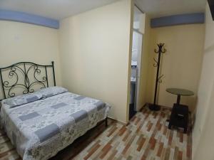 a bedroom with a bed and a table in it at Hospedaje Vicente in Lunahuaná