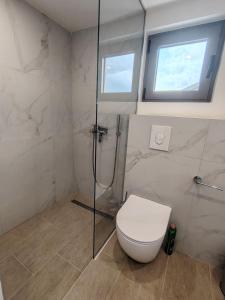 a bathroom with a toilet and a shower and a window at 2 1D2 Mini Condos- Large Studio SW facing in Tivat