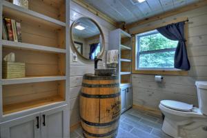 a bathroom with a toilet and a mirror at Ocoee Cottage Water Front in Copperhill