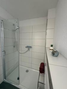 a shower with a glass door in a bathroom at Landhaus Settin  +11 photos