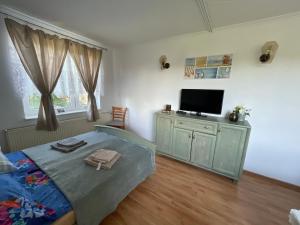 a bedroom with a bed and a flat screen tv at Paulo in Golenice