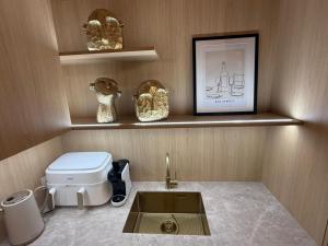 a bathroom with a sink and a toilet at ENKLAWA IMPERIUM- DOM WAKACYJNY-APARTAMENTY NAD JEZIOREM- 20 km od TORUNIA-PLAŻA,JACUZZI 