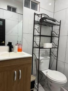 a bathroom with a toilet and a shelf with towels at casa borde de lago4 in Panajachel +20 photos