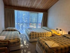 a room with three beds and a window at Cedar Chalets and Barkers Lodge in Methven