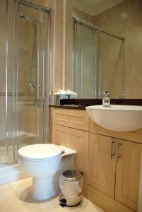 een badkamer met een toilet, een wastafel en een douche bij Woodlands Hotel in Spalding