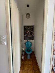 a bathroom with a blue toilet in a hallway at Maison rurale 8 personnes in Saint-Hilaire-de-Court