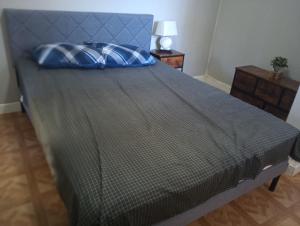 a bed with blue pillows on top of it at Nice Guest House in Artesia