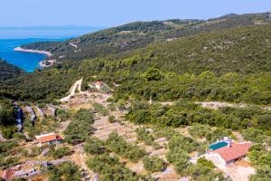 an aerial view of a village on a hill next to the ocean at Secluded house with a parking space Cove Rasohatica, Korcula - 16651 in Korčula