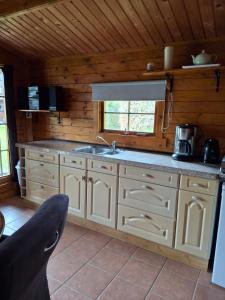 a kitchen with a sink and a counter top at Blokhut Bron van Rust in Opende +37 photos