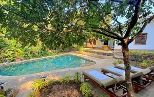 a swimming pool with lounge chairs and a tree at Palm Villa Hideaway in Diani Beach