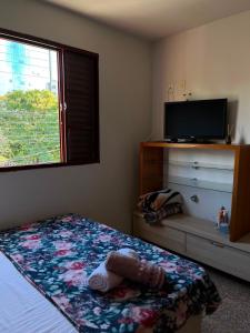 a bedroom with a bed and a flat screen tv at Apartamento simples no centro de Lavras com garagem in Lavras