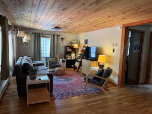 a living room with a couch and a tv at Miller Cabin in McCall
