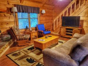 a living room with a couch and a television in a cabin at Trail`s End-Hot tub-wifi,-pets ok-Pool Table-Fireplace-Screened Porch-Activities in Mashburn Mill