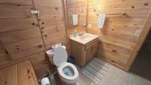 a wooden bathroom with a toilet and a sink at Trail`s End-Hot tub-wifi,-pets ok-Pool Table-Fireplace-Screened Porch-Activities in Mashburn Mill +20 photos