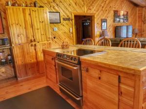 a kitchen with a stove top oven in a cabin at 2BR/1BA Cabin | Hot Tub | Ocoee River Area | Wifi in Copperhill +12 photos