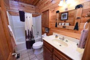 a bathroom with a sink and a toilet and a shower at 4BR/3BA | Hot Tub | Pool Table | Views | Pets ok in Blue Ridge +21 photos