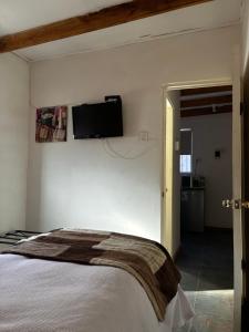 a bedroom with a bed and a flat screen tv on the wall at Tambo Norte in San Pedro de Atacama
