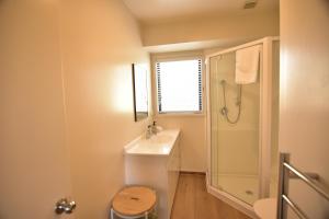 a bathroom with a sink and a shower and a toilet at Twin Stars in Lake Tekapo +6 photos