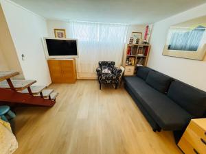 a living room with a couch and a television at Langafit Guest house in Garðabær