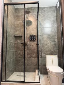 a shower stall in a bathroom with a toilet at AiTumar boutique hotel in Almaty