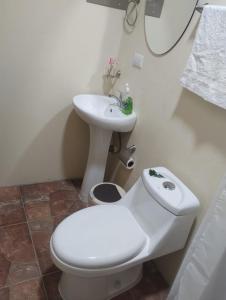 a bathroom with a white toilet and a sink at Refugio de Paz Providencia in El Copey