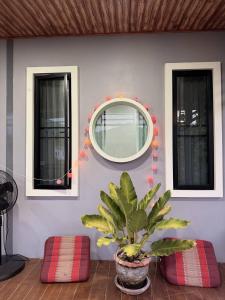 a potted plant sitting in a room with a mirror at C S phangan Villa in Ban Madua Wan +3 photos