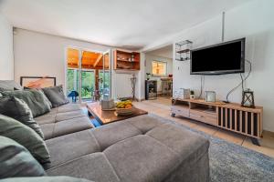 a living room with a couch and a flat screen tv at Family Retreat near Zagreb with Pool & Garden - Happy Rentals in Velika Buna
