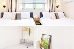 two pictures of a bedroom with two beds at Woori Stay in Suwon