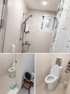 two pictures of a bathroom with a toilet and a shower at Woori Stay in Suwon