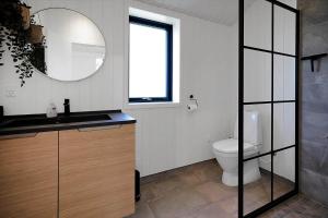 a bathroom with a toilet and a sink and a mirror at 13397-Vig-Lyngkrogen-21 in Vig +22 photos