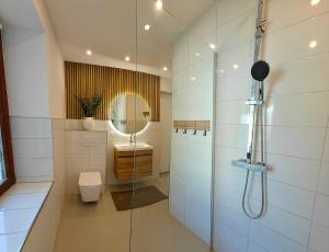 a bathroom with a shower and a toilet and a sink at Ferienwohnungen Meier in Ebensee