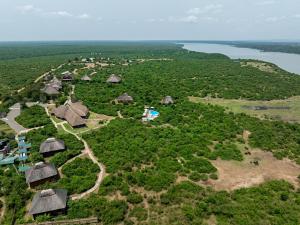 an aerial view of an island with huts at Buffalo Safari Lodge in Katunguru