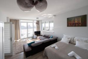 a bedroom with a bed and a couch and a tv at Mirador Balaton Panorama Villa & Jacuzzi in Balatonakarattya