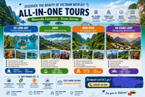 a poster of all in one tours at Downtown Hostel HANOI & HA GIANG LOOP TOUR OFFICE in Hanoi