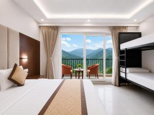a hotel room with a bed and a balcony at Hotel Weekend Heights in Rishīkesh