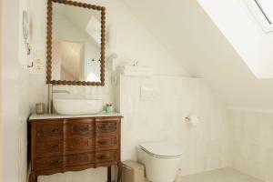 a bathroom with a sink and a toilet and a mirror at Macskalépcsős Boutique B&B in Dörgicse +49 photos