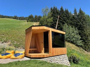 a small wooden building on top of a field at Chalet in Hopfgarten in Hopfgarten im Brixental
