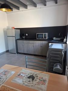 a kitchen with a counter top and a microwave at Gite du Canal in Gannay-sur-Loire