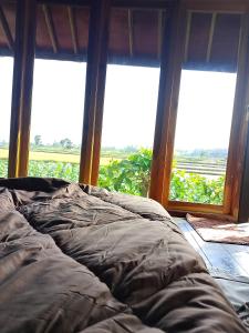 a bed in a room with a large window at Aura V Bungalow in Praya +14 photos