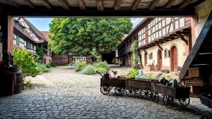 a courtyard with a carriage with plants in it at Au Fil du Temps in Imbsheim